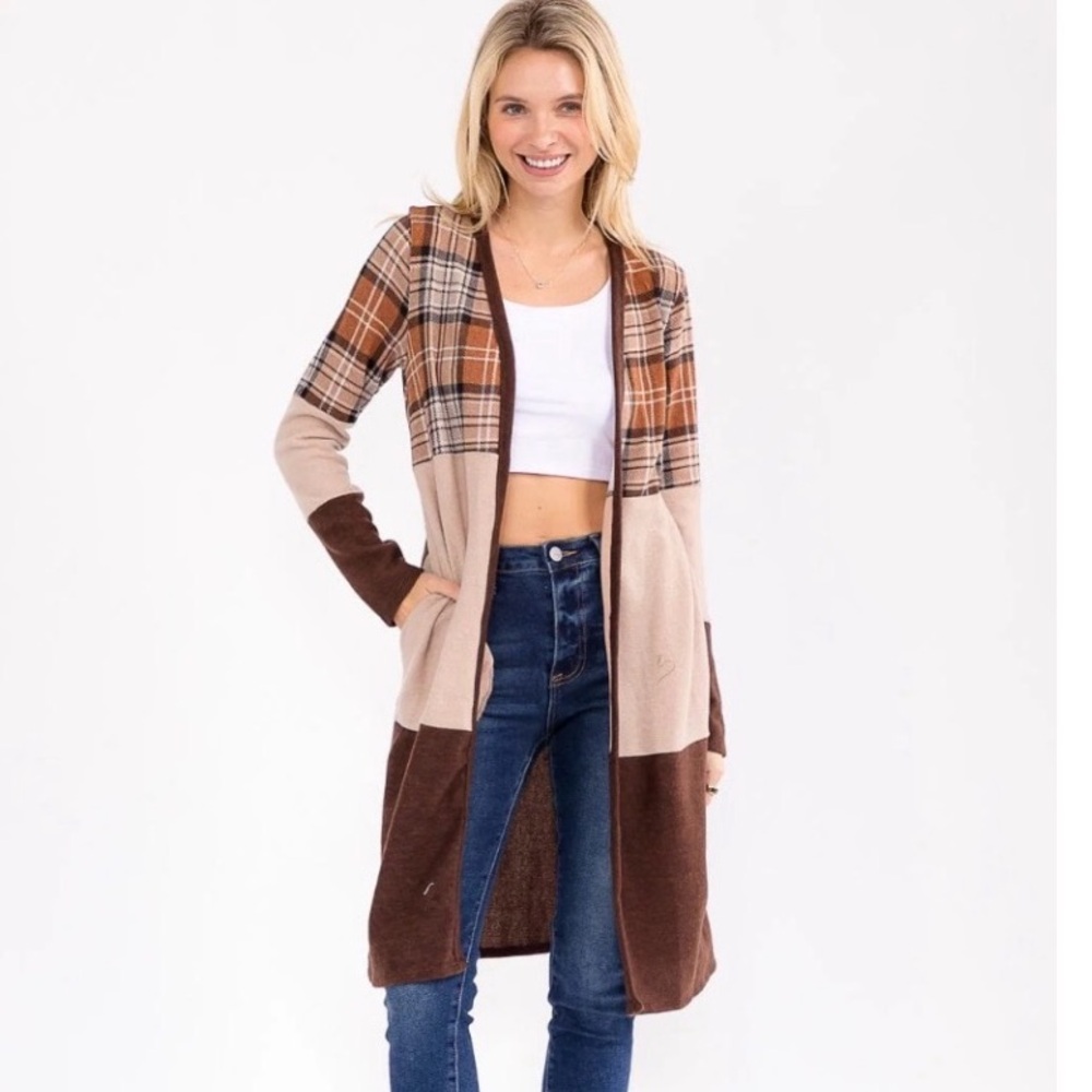 Plaid Cardigan in Brown and Cream